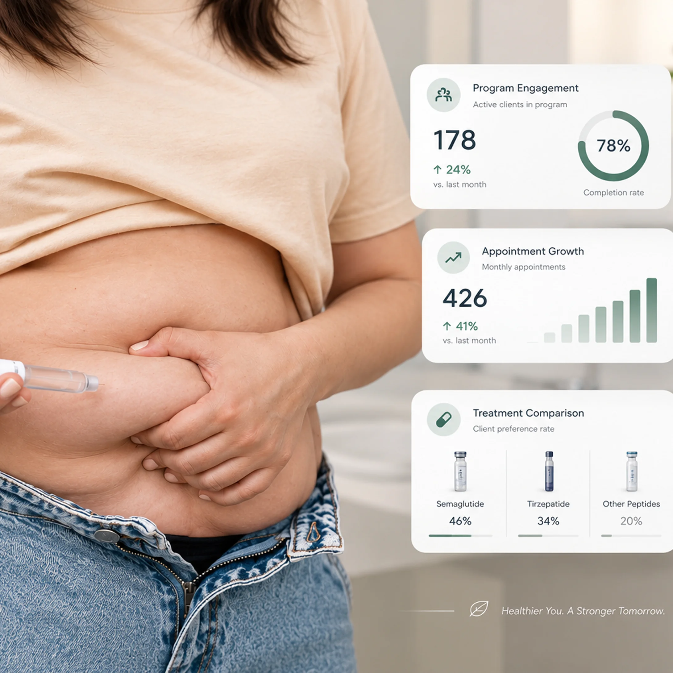 Weight loss clinic patient receiving a peptide injection, with a dashboard showing program engagement, appointment growth, and semaglutide vs. tirzepatide treatment comparison